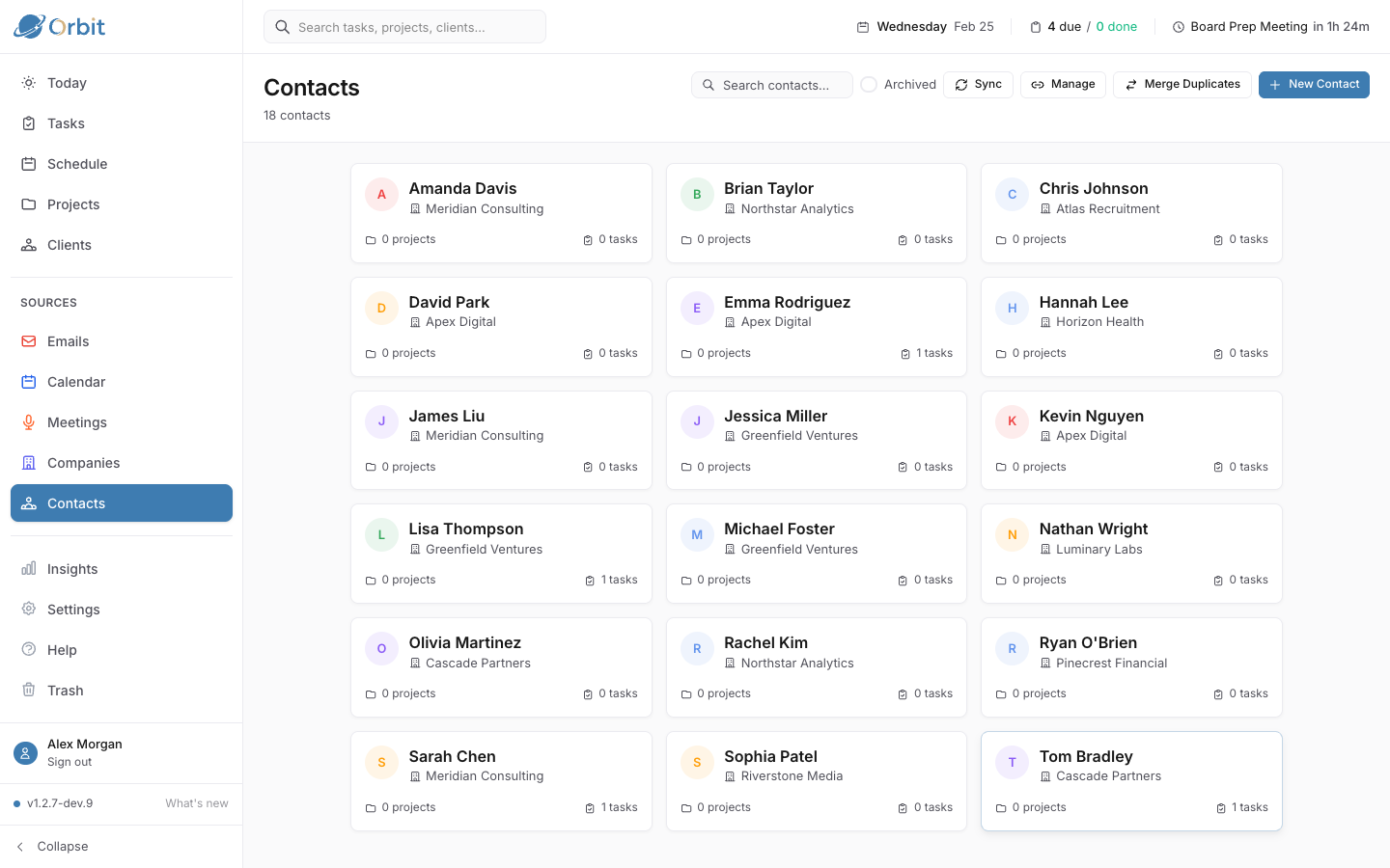 CRM showing contacts, companies, and interaction history