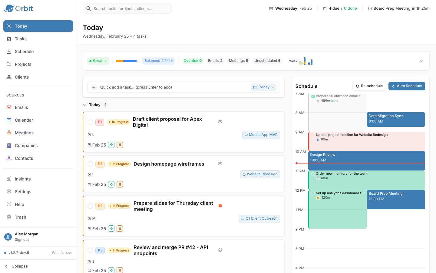 Today Dashboard showing tasks, calendar, and time blocks